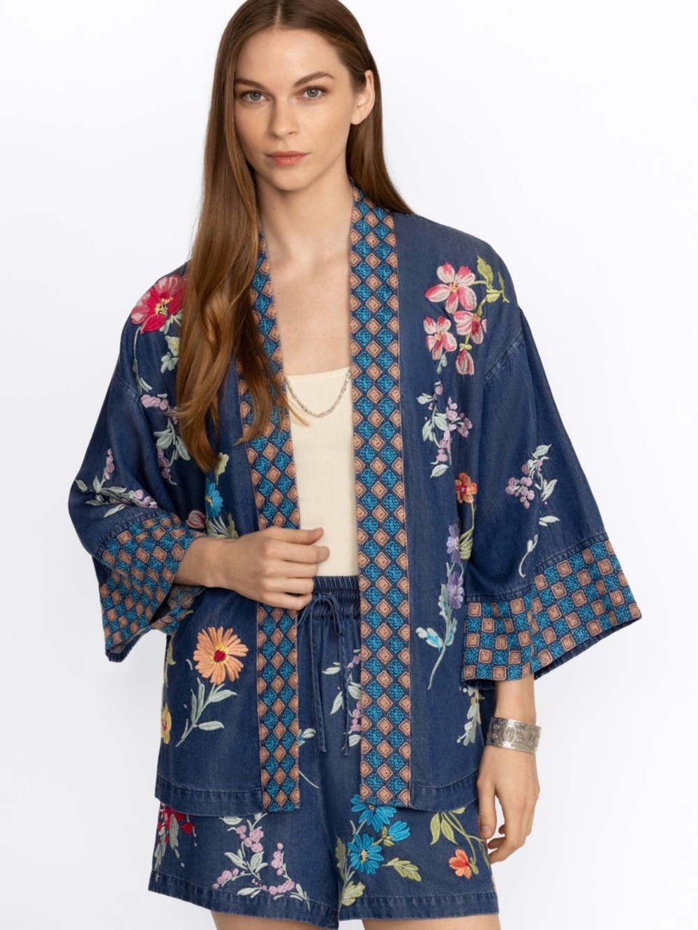 JOHNNY WAS EVANGELINE TENCEL CROPPED KIMONO HEAVT FLORAL EMBROIDERY SZ S